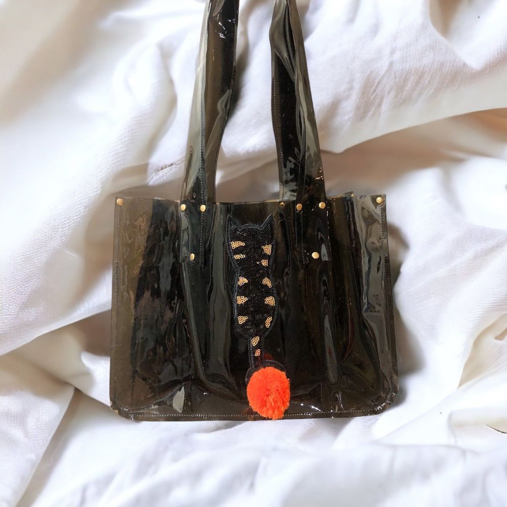 Handmade Black Cat Tote | Appliqué Sequin pompom Cat Bag